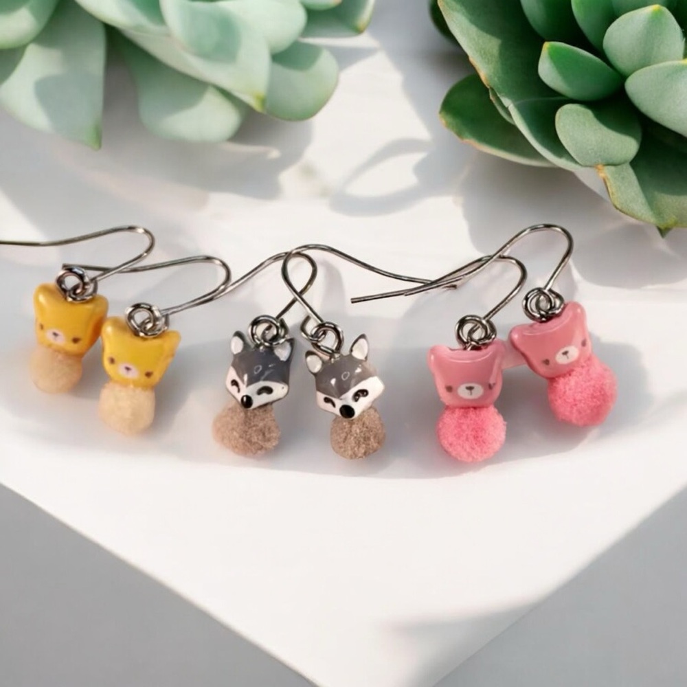 3Pair Cute‎ Little Mini Animal Fox, Bear Drop Earrings, Unique Accessories